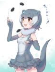  animal_ears blush check_translation collarbone commentary_request cowboy_shot elbow_gloves eyebrows_visible_through_hair fingerless_gloves frilled_swimsuit frills fur_collar gloves grey_hair juggling kemono_friends one-piece_swimsuit otter_ears otter_tail pebble roozin short_hair sleeveless small-clawed_otter_(kemono_friends) solo swimsuit tail translation_request white_hair 