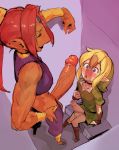  1girl :o bad_id bad_tumblr_id biceps blonde_hair blush borvar bracer commentary dark_skin erection foreskin from_above futa_with_male futanari gerudo hand_on_hip hat highres imminent_sex link looking_at_another looking_down looking_up muscle muscular_female open_mouth penis_awe perspective phimosis pointy_ears ponytail red_hair sitting size_difference smile testicles the_legend_of_zelda toned 