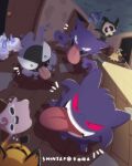  candle cleffa colored_sclera duskull evolutionary_line fangs fire floating gastly gengar ghost ghost_type_theme_(pokemon) hallway haunter highres litwick mimikyu no_humans open_mouth pichu pokemon pokemon_(creature) pokemon_focus purple_fire red_sclera shintarokuma shuppet tears teeth tongue tongue_out wooden_floor yellow_eyes 