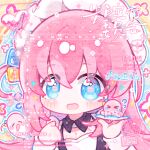  1girl bai_gui_hua_zi black_dress blue_eyes blush bocchi_the_rock! breasts cleavage commission cube_hair_ornament deformed detached_collar dress gotoh_hitori gotoh_hitori_(octopus) gotoh_hitori_(tsuchinoko) hair_ornament highres long_hair looking_at_viewer maid maid_headdress mihuashi_commission one_side_up open_mouth pink_hair portrait solo too_many_watermarks watermark 