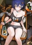  1girl absurdres bangboo_(zenless_zone_zero) belle_(zenless_zone_zero) bikini black_camisole black_shorts blue_hair blush breasts camisole collarbone commentary dolphin_shorts earrings eous_(zenless_zone_zero) green_eyes highres in_container jewelry large_breasts lillly looking_at_viewer necklace panties rolling_suitcase short_hair shorts single_off_shoulder skirt solo suitcase swimsuit underwear untranslatable_commentary unworn_bikini unworn_panties unworn_skirt white_mouth wristband zenless_zone_zero 