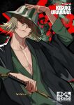  1boy beard_stubble benihime_(shikai) bleach blonde_hair bucket_hat commentary_request facial_hair hair_between_eyes hat highres holding japanese_clothes lam_(ramdayo) looking_at_viewer male_focus short_hair smile solo striped_clothes striped_hat striped_headwear stubble urahara_kisuke zanpakutou 