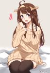  :d ahoge bangs blush brown_hair brown_legwear brown_sweater commentary_request eyebrows_visible_through_hair hair_bun hand_up head_tilt headgear heart highres kantai_collection kapatarou kongou_(kantai_collection) long_hair long_sleeves looking_at_viewer open_mouth purple_eyes ribbed_sweater side_bun sitting sleeves_past_wrists smile solo sweater thighhighs twitter_username very_long_hair 