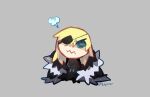  blonde_hair blue_eyes cape commentary crossover dimitri_alexandre_blaiddyd dimitri_alexandre_blaiddyd_(timeskip) elelror english_commentary eyepatch fur-trimmed_cape fur_trim grey_background highres mimikyu one_eye_covered pokemon pokemon_(creature) simple_background twitter_username wavy_mouth white_fur 
