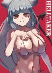  1girl absurdres alternate_breast_size_(larger) artist_logo artist_name bare_shoulders bikini black_tail blunt_bangs breasts commentary copyright_name demon_girl demon_horns demon_tail helltaker highres horns huge_breasts logo long_hair looking_at_viewer lucifer_(helltaker) midriff mole mole_under_eye navel red_background red_eyes skindentation solo swimsuit tail teruteruboktai untranslatable_commentary upper_body very_long_hair white_bikini white_hair white_horns 