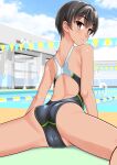  1girl absurdres ass back back_focus black_hair black_one-piece_swimsuit blue_sky brown_eyes cameltoe cloud commentary_request competition_swimsuit day feet_out_of_frame from_behind highres large_variant_set leaning_forward looking_at_viewer looking_back lying multicolored_swimsuit on_stomach one-piece_swimsuit original outdoors parted_lips pool poolside racerback short_hair sitting sky solo string_of_flags swimsuit takafumi tan variant_set 