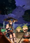  1boy :t absurdres anemo_symbol_(genshin_impact) animal_print aranara_(genshin_impact) armor belt bird_print black_belt black_bodysuit black_bridal_gauntlets black_hair black_shorts blue_cape blue_gem blue_hat blue_jingasa blue_kimono blue_sleeves blunt_ends bodysuit bonfire bowl bridal_gauntlets bright_pupils cape closed_mouth commentary cooking_pot covered_collarbone eating eyeliner falling_leaves fingernails full_body furisode gem genshin_impact gold gold_ring hakama hakama_shorts hat highres holding holding_bowl holding_spoon japanese_armor japanese_clothes jingasa juban kimono kote kurokote lake layered_sleeves leaf leg_warmers makeup male_focus middle_ring narasei night open_clothes open_kimono outdoors pleated_shorts pom_pom_(clothes) purple_eyes purple_rope purple_sash red_eyeliner rope sash scaramouche_(genshin_impact) shooting_star short_sleeves shorts shoulder_peek side_cape sitting sky solo spoon star_(sky) starry_sky steam stew stirrup_legwear toeless_legwear tree tsurime untranslatable_commentary vision_(genshin_impact) wanderer_(genshin_impact) white_kimono white_leg_warmers white_pupils white_sleeves white_trim wooden_bowl wooden_spoon 