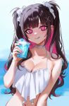  1girl bare_shoulders bikini black_hair blue_tongue blurry blurry_background blush breasts cleavage closed_mouth collarbone colored_inner_hair colored_tongue commentary cup day ear_piercing fingernails food hair_ornament hair_ribbon hairclip highres holding holding_cup large_breasts long_hair looking_at_viewer mole mole_on_arm mole_on_stomach mole_under_mouth multicolored_hair nail_polish navel ompf original piercing pink_eyes pink_hair pink_nails ribbon shaved_ice smile solo stomach swimsuit tongue tongue_out two-tone_hair two_side_up white_bikini white_ribbon 