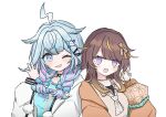  2girls ;d absurdres ahoge anya_melfissa anya_melfissa_(indonesian_casual) black_choker blonde_streaks blouse blue_bow blue_eyes blue_hair blue_shirt blunt_bangs bow braid brown_hair brown_shirt choker commentary_request hair_bow hair_flaps hair_ornament hairclip hand_up highres hololive hololive_dev_is hololive_indonesia hood hooded_jacket hosdmmmm jacket lightning_ahoge long_sleeves looking_at_viewer low_twin_braids mizumiya_su mizumiya_su_(1st_costume) multicolored_hair multiple_girls necktie o-ring o-ring_choker official_alternate_costume official_alternate_hairstyle one_eye_closed open_clothes open_jacket orange_bow orange_jacket parallel_hairclips pink_streaks pom_pom_(clothes) print_shirt puffy_long_sleeves puffy_sleeves purple_eyes shirt side-by-side simple_background smile streaked_hair swept_bangs twin_braids two-tone_hair upper_body virtual_youtuber white_background white_jacket white_necktie wolf_cut x_hair_ornament 