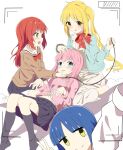  4girls absurdres aqua_jacket blonde_hair blue_eyes blue_hair blush bocchi_the_rock! bow bowtie brown_cardigan brown_collar cardigan chinese_commentary choppy_bangs closed_mouth collar commentary_request dot_nose dress gotoh_hitori green_eyes grey_skirt grey_socks hand_on_another's_chin hand_on_another's_head highres holding holding_leash ijichi_nijika jacket kessoku_band kita_ikuyo kneehighs knees_up leash long_hair long_sleeves looking_at_another looking_at_viewer lying lying_on_person midriff miniskirt mixed-language_commentary multiple_girls navel no_shoes nose_blush on_back open_clothes open_jacket open_mouth partial_commentary partially_unzipped pink_jacket pleated_skirt polka_dot polka_dot_bow polka_dot_bowtie raised_inner_eyebrows red_bow red_bowtie red_eyes red_hair sailor_collar school_uniform shuka_high_school_uniform side_ponytail simple_background skirt smile socks soha_(sirohase) split_mouth straight_hair taking_picture track_jacket v wavy_mouth white_background white_dress white_sailor_collar white_socks yamada_ryo yellow_eyes yuri 