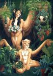 anthro black_hair blonde_hair breasts duo felid female flower fur garden hair hi_res lion mammal nipples nude nude_anthro nude_female oil_painting_(artwork) painting_(artwork) pantherine plant scale_(artist) sitting standing tan_body tan_fur traditional_media_(artwork) traditional_painting_(artwork)