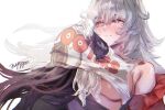  2girls black_hair blush breast_sucking breasts commentary coralie_6626_planck english_commentary erdos_helia grey_eyes grey_hair head_under_another's_clothes highres honkai_(series) honkai_impact_3rd hooters mole mole_under_eye multiple_girls nyeppu shirt signature under_another's_clothes white_shirt yuri 