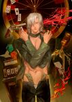  1boy abs alcohol blood blood_splatter blue_eyes bottle burning card casino casino_card_table character_request commentary cowboy_shot devil_may_cry_(series) dice goubaozi2 green_shirt gun hair_over_one_eye handgun headshot highres holding holding_card looking_at_viewer male_focus money navel necktie open_clothes open_fly open_shirt playing_card revolver shirt slot_machine solo stomach table toned toned_male tucked_money weapon white_hair 