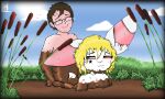  anthro blonde_hair charliebnnuy dirty duo eyewear femboy filth glasses hair hi_res human lagomorph leporid male male/male mammal messy mud nature nature_background outside outside_sex rabbit sex sunny wearing_glasses 