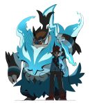  1boy backwards_hat baseball_cap blue_fire blue_jacket emboar fire hat highres hilbert_(pokemon) jacket mega_emboar poke_ball_print pokemon pokemon_(creature) pokemon_black_and_white pokemon_legends:_z-a psaber97 zipper_pull_tab 