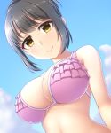  bangs black_hair breasts cloud day eyebrows_visible_through_hair frilled_bikini_top idolmaster idolmaster_cinderella_girls large_breasts looking_at_viewer pataniito pink_bikini_top short_hair sky smile solo takafuji_kako upper_body yellow_eyes 