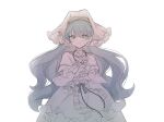  1girl alternate_costume aqua_hair bead_necklace beads commentary_request dress_ribbon haniyasushin_keiki highres jewelry long_hair looking_at_viewer necklace short_sleeves solo straight-on touhou usmi_o0 white_background 