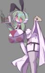  1girl alcohol angry animal_ear_hairband animal_ears armband bare_shoulders between_legs black_armband black_hairband black_panties black_shirt black_thighhighs blush body_writing bottle bow bowtie breasts buttons center_frills cleavage_cutout clenched_teeth clothing_cutout collared_shirt commentary controller cup disembodied_hand drinking_glass embarrassed eyes_visible_through_hair fake_animal_ears fake_tail fishnet_thighhighs fishnet_top fishnets frills gardevoir garter_straps green_hair grey_background hair_ornament hairband hairclip hand_between_own_legs hand_up heart_cutout highres holding holding_tray huge_breasts ice_bucket knees_together_feet_apart leaning_forward lifting_another's_clothes looking_back messy_hair nipples nose_blush panties partial_humanization patato_king pokemon pokemon_(creature) rabbit_ears rabbit_tail red_bow red_bowtie red_eyes remote_control remote_control_vibrator revealing_clothes sex_toy shirt short_hair short_tail sidelocks simple_background sleeveless sleeveless_shirt solo_focus standing tail tally teeth thick_thighs thigh_strap thighhighs thighs tongs traditional_bowtie tray trembling underwear v-shaped_eyebrows vibrator vibrator_cord vibrator_in_thigh_strap vibrator_under_clothes vibrator_under_panties wide_hips wine wine_bottle wine_glass 