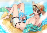  2boys absurdres afloat ahoge anklet banana_boat barefoot between_legs blue_eyes blue_hair blush brown_eyes brown_hair chibi clothing_cutout day edmond_(nu_carnival) eiden_(nu_carnival) eyewear_on_head flower food_in_mouth furrowed_brow glasses gradient-tinted_eyewear green_shirt groin hair_between_eyes halftone hat hat_flower hat_ribbon highres hip_vent jewelry light_particles looking_at_another looking_at_viewer lounging lower_eyelashes_only lying male_focus male_swimwear mouth_hold multiple_boys necklace nose_blush nu_417 nu_carnival off-shoulder_shirt off_shoulder on_back opaque_glasses outdoors print_shirt reaching reaching_towards_another rectangular_mouth ribbon shirt short_hair straw_hat sun_hat sunglasses sweat teeth tinted_eyewear tupet upper_teeth_only v-shaped_eyebrows water water_drop white-framed_eyewear white_male_swimwear 