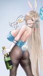 1girl absurdres alcohol animal_ears ass asuna_(blue_archive) asuna_(bunny)_(blue_archive) back bare_shoulders black_pantyhose blonde_hair blue_archive blue_background blue_eyes blue_halo blue_leotard blue_ribbon blush bottle breasts champagne champagne_bottle champagne_flute commentary_request cup detached_collar drinking_glass elbow_gloves fake_animal_ears fake_tail feet_out_of_frame gcg glass gloves hair_over_one_eye hair_ribbon halo highres holding holding_bottle holding_cup huge_breasts leotard long_hair looking_at_viewer mechanical_halo official_alternate_costume open_mouth pantyhose parted_lips playboy_bunny rabbit_ears rabbit_tail ribbon sideboob simple_background smile solo standing tail thighs very_long_hair white_gloves 