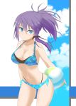  ball beachball bikini black_bikini black_ribbon blue_bikini blue_eyes breasts cloud collarbone day hair_between_eyes hair_ribbon highleg highleg_bikini imura_(shiro_maru) large_breasts layered_bikini long_hair looking_at_viewer navel original ponytail purple_hair ribbon shiro_maru sky solo strap_gap sweatdrop swimsuit wind 