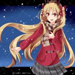  :d bangs blonde_hair bow brown_scarf commentary_request dated ereshkigal_(fate/grand_order) eyebrows_visible_through_hair fate/grand_order fate_(series) fingernails fringe_trim grey_skirt hair_between_eyes hair_bow hebitsukai-san highres jacket long_hair long_sleeves looking_at_viewer open_mouth parted_bangs plaid plaid_scarf plaid_skirt pleated_skirt red_bow red_eyes red_jacket scarf sidelocks skirt smile solo tiara twitter_username two_side_up very_long_hair 