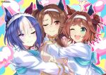  3girls absurdres blue_hair blush brown_hair cesario_(umamusume) closed_mouth commentary_request ear_covers green_eyes hair_intakes hairband highres horse_girl king_halo_(noble_white_cheer_attire)_(umamusume) king_halo_(umamusume) long_hair multicolored_hair multiple_girls official_alternate_costume one_eye_closed open_mouth purple_eyes red_eyes rhein_kraft_(umamusume) shirt short_hair single_ear_cover smile star_(symbol) star_in_eye streaked_hair symbol_in_eye team_ascella u-sukio. umamusume white_hairband white_shirt white_streaks 