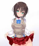  1girl :q aoi_erika aqua_eyes belt_collar black_hair blue_bow blue_bowtie blush bow bowtie breasts brown_vest buttons closed_mouth clothes_lift collar collared_shirt commentary_request commission cowboy_shot double-breasted eyes_visible_through_hair hair_between_eyes heart-shaped_lock heaven_burns_red large_breasts lifting_own_clothes long_sleeves looking_at_viewer medium_hair miniskirt naughty_face no_panties out-of-frame_censoring plaid_clothes plaid_skirt pleated_skirt red_skirt shirt simple_background skeb_commission skirt skirt_lift smile solo tongue tongue_out tosakaoil vest white_background white_shirt 