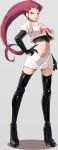  1girl black_boots black_gloves blue_eyes blush boots breasts crop_top earrings elbow_gloves gloves hand_on_own_hip high_heel_boots high_heels highres holding holding_poke_ball jessie_(pokemon) jewelry large_breasts long_hair midriff momdy_(talesshinja) navel parted_lips poke_ball poke_ball_(basic) pokemon pokemon_(anime) red_hair shirt simple_background skirt team_rocket team_rocket_uniform thigh_boots thighs white_shirt white_skirt 