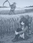  1boy 1girl :/ backpack bag blazer closed_mouth collared_shirt day digging_your_own_grave dress_shirt empty_eyes farm farmer field foliage full_body greyscale hamsterfragment harvest hat holding holding_scythe hugging_own_legs imminent_death imminent_suicide jacket jaggy_lines knees_up loafers long_sleeves looking_afar looking_ahead medium_hair monochrome mountainous_horizon neck_ribbon no_eyes old old_man on_ground original outdoors over-kneehighs pants raised_eyebrows ribbon rope rural school_uniform scythe shinohata_sachie_(hamsterfragment) shirt shoes sitting skirt standing straw_hat sun_hat thighhighs two-handed unhappy wheat wheat_bundle wheat_field working 