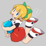  :d android bangs blonde_hair blue_eyes blunt_bangs bow dress energy_tank full_body green_bow grey_background hair_bow hair_ornament holding hooded_dress long_hair open_mouth ponytail red_dress red_footwear rockman rockman_11 roll sekito shoes sidelocks simple_background smile solo 