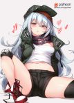  :o asymmetrical_legwear black_legwear black_shorts blush boots breasts brown_background brown_eyes commentary donedone flat_cap g11_(girls_frontline) girls_frontline green_hat green_jacket half-closed_eyes hat head_tilt heart jacket long_hair medium_breasts midriff navel open_clothes open_jacket parted_lips red_footwear short_shorts shorts silver_hair simple_background single_thighhigh solo thighhighs very_long_hair watermark web_address 