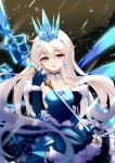  absurdres bangs bare_shoulders benghuai_xueyuan blue_choker blue_dress blue_eyes blue_gloves choker covered_navel crown dress elbow_gloves eyebrows_visible_through_hair fufumi fur_trim gloves hair_between_eyes highres honkai_impact ice icicle kiana_kaslana long_hair looking_at_viewer open_mouth solo staff strapless strapless_dress symbol-shaped_pupils very_long_hair white_hair winter_princess_(honkai_impact) 