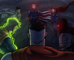  blue_bodysuit bodysuit brightburn_(character) brightburn_(movie) cape commentary dc_comics english_commentary highres homelander invincible_(series) jegssart laser_sight male_focus megamind_(movie) metro_man multiple_boys muscular muscular_male omni-man red_cape superman superman_(series) superman_logo 