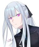  1girl absurdres ak-12_(girls'_frontline) artificial_eye black_bodysuit black_ribbon bodysuit braid commentary_request gincho girls'_frontline glowing glowing_eyes grey_hair hair_ribbon highres long_hair looking_at_viewer mechanical_eyes mixed-language_commentary open_mouth parted_lips ponytail purple_eyes ribbon side_braid sidelocks simple_background solo twitter_username unusually_open_eyes upper_body white_background 