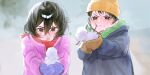  2girls beanie black_eyes black_hair bloom_muchi blurry blurry_background blush bomber_jacket child coat commentary english_commentary enpera four-pointed_star fujino_(look_back) gloves green_scarf grey_background grin hair_between_eyes hat highres holding holding_snowman jacket kyomoto_(look_back) long_sleeves look_back looking_at_viewer medium_hair mole mole_under_mouth multiple_girls nose_blush open_mouth orange_gloves pink_jacket proud purple_gloves red_scarf scarf short_hair smile snow upper_body 