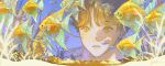  1boy absurdres artist_name blonde_hair commentary_request curtained_hair fish fish_request fish_tank highres korean_commentary looking_at_animal male_focus original parted_lips seaweed shirt short_hair signature solo water white_shirt ya0n0524 yellow_eyes 