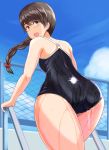  ass back blue_sky braid breasts brown_eyes brown_hair chain-link_fence cloud cloudy_sky commentary_request competition_school_swimsuit competition_swimsuit day eyebrows_visible_through_hair fence highres kantai_collection long_hair looking_at_viewer looking_back mayomaru1 one-piece_swimsuit open_mouth outdoors pool_ladder poolside school_swimsuit school_uniform serafuku shiny shiny_clothes single_braid sky small_breasts smile solo standing swimsuit uranami_(kantai_collection) wading 