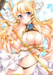  arm_ribbon azur_lane bangs bare_shoulders blonde_hair blue_eyes blue_flower blue_rose blush bow breasts chain cleavage covered_nipples cowboy_shot dress eyebrows_visible_through_hair eyes_visible_through_hair flower hair_ornament hair_ribbon hand_up highres large_breasts laurel_crown long_hair looking_at_viewer marker_(medium) midriff multicolored_hair navel open_mouth panties pink_hair ribbon rose ruby_(stone) solo staff thighhighs traditional_media underwear veil victorious_(azur_lane) yoruoujito-tsukinohime 