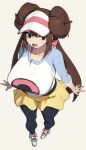  1girl absurdres back_bow black_pantyhose bow breasts brown_hair donut_hair_bun double_bun flowerpigeon from_above hair_bun highres huge_breasts long_hair pantyhose poke_ball_print pokemon pokemon_black_2_and_white_2 raglan_sleeves rosa_(pokemon) shoes shorts simple_background sneakers solo sweatdrop thighhighs twintails visor_cap yellow_shorts 