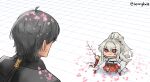  1boy 1girl :3 black_hair branch closed_mouth commentary hakama hakama_skirt highres hiyuki_(wuthering_waves) holding holding_branch japanese_clothes kimono lennykaise long_hair looking_at_another low_ponytail male_rover_(wuthering_waves) mini_person minigirl ponytail red_eyes red_hakama rover_(wuthering_waves) skirt twitter_username white_hair white_kimono wuthering_waves 