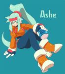  arm_support ashe_(rockman) blue_background character_name crossed_legs energy_tank full_body gloves green_eyes hair_between_eyes head_tilt high_heels high_ponytail kon_(kin219) long_hair long_sleeves ponytail protected_link rockman rockman_zx rockman_zx_advent shoes simple_background sitting solo very_long_hair 
