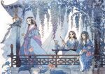  3girls analogous_colors architecture bell bird bird_stand black_eyes black_hair blue_bow blue_flower blue_hanfu blue_robe blue_skirt blunt_bangs bow branch brush_holder calligraphy_brush chinese_clothes chinese_commentary closed_mouth commentary curtains earrings east_asian_architecture facial_mark falling_petals feet_out_of_frame flower forehead_mark gazebo hair_bow hair_flower hair_ornament hair_over_shoulder hair_ribbon hair_slicked_back hanfu holding holding_branch holding_calligraphy_brush holding_paintbrush jewelry jiaoling_ruqun ko_hokoryoku light_smile long_hair looking_at_animal looking_at_another lotus lotus_leaf low_ponytail multiple_girls original outstretched_hand paintbrush parrot peony_(flower) petals pink_bow pink_flower pink_ribbon ponytail purple_flower purple_shawl railing red_lips ribbon ribbon-trimmed_clothes ribbon_trim robe see-through_curtains shawl sidelocks sitting skirt standing swept_bangs table tassel tassel_hair_ornament tile_roof very_long_hair white_background white_flower wisteria 