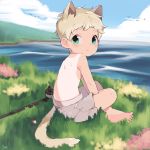  2018 animal_humanoid avian barefoot bird blonde_hair cat_humanoid clothed clothing cloud feline fishing_rod freckles grass green_eyes hair hi_res humanoid male mammal outside shorts sitting sky solo solo_focus suntan tan_line thebrushking toes topless water 