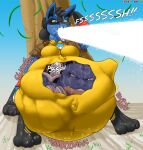  2017 angry anthro armband belly black_hair blastoise bloated blue_body blue_fur breasts brown_clothing brown_shirt brown_topwear chest_tuft clothing dreadlocks duo fan_character female fidchellvore fight fur generation_1_pokemon generation_4_pokemon hair hildegard_(fidchellvore) hydro_pump internal lucario male male/female multicolored_body multicolored_fur nintendo onomatopoeia organs plant pokemon pokemon_(species) red_armband rumbling_stomach saliva_covered sequence shirt soft_vore sound_effects stomach stuffing text topwear tree tuft vore water yellow_belly yellow_body yellow_breasts 