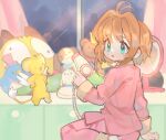  alpaca_carlesi bedroom brown_hair cardcaptor_sakura green_eyes hair_dryer highres holding holding_hair_dryer indoors kero_(cardcaptor_sakura) kinomoto_sakura mirror night open_mouth pajamas pink_pajamas short_hair short_hair_with_long_locks sky stuffed_toy 