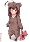  :3 ahoge animal_costume animal_ears arms_at_sides bangs bear_costume bear_ears brown_eyes brown_hair collarbone cosplay ebifurya eyebrows_visible_through_hair from_above full_body hair_through_headwear highres kantai_collection kuma_(kantai_collection) long_hair open_mouth sidelocks simple_background sleeves_past_wrists stuffed_animal stuffed_toy teddy_bear twitter_username 