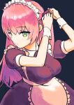  1girl absurdres adjusting_hair adjusting_hair_ornament aikawa_megumi apron breasts commentary_request green_eyes heaven_burns_red highres large_breasts long_hair maid maid_apron maid_headdress pink_hair raimuminnt 