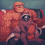  2018 alcohol anthro balls beverage brown_fur clothing cum digital_drawing_(artwork) digital_media_(artwork) drunk duo erection fantastic_four frottage fur guardians_of_the_galaxy humanoid_penis male male/male mammal marvel muscular muscular_male nude open_mouth penis procyonid raccoon red_eyes rocket_raccoon sex simple_background smile spectral-bat the_thing_(marvel) 