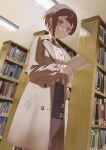  1girl absurdres anya_melfissa anya_melfissa_(indonesian_casual) belt black_pantyhose black_skirt blonde_streaks blouse blunt_bangs bookshelf braid brown_belt brown_coat brown_hair brown_shirt closed_mouth coat commentary cowboy_shot double-parted_bangs dscreation_(alan_dwi29) dutch_angle from_below highres holding holding_paper hololive hololive_indonesia indoors layered_skirt library long_sleeves looking_at_viewer multicolored_hair necktie neon_lights official_alternate_costume official_alternate_hairstyle pantyhose paper print_skirt purple_eyes shirt short_hair side_braid skirt sleeves_past_wrists solo streaked_hair trench_coat two-tone_hair virtual_youtuber white_necktie 